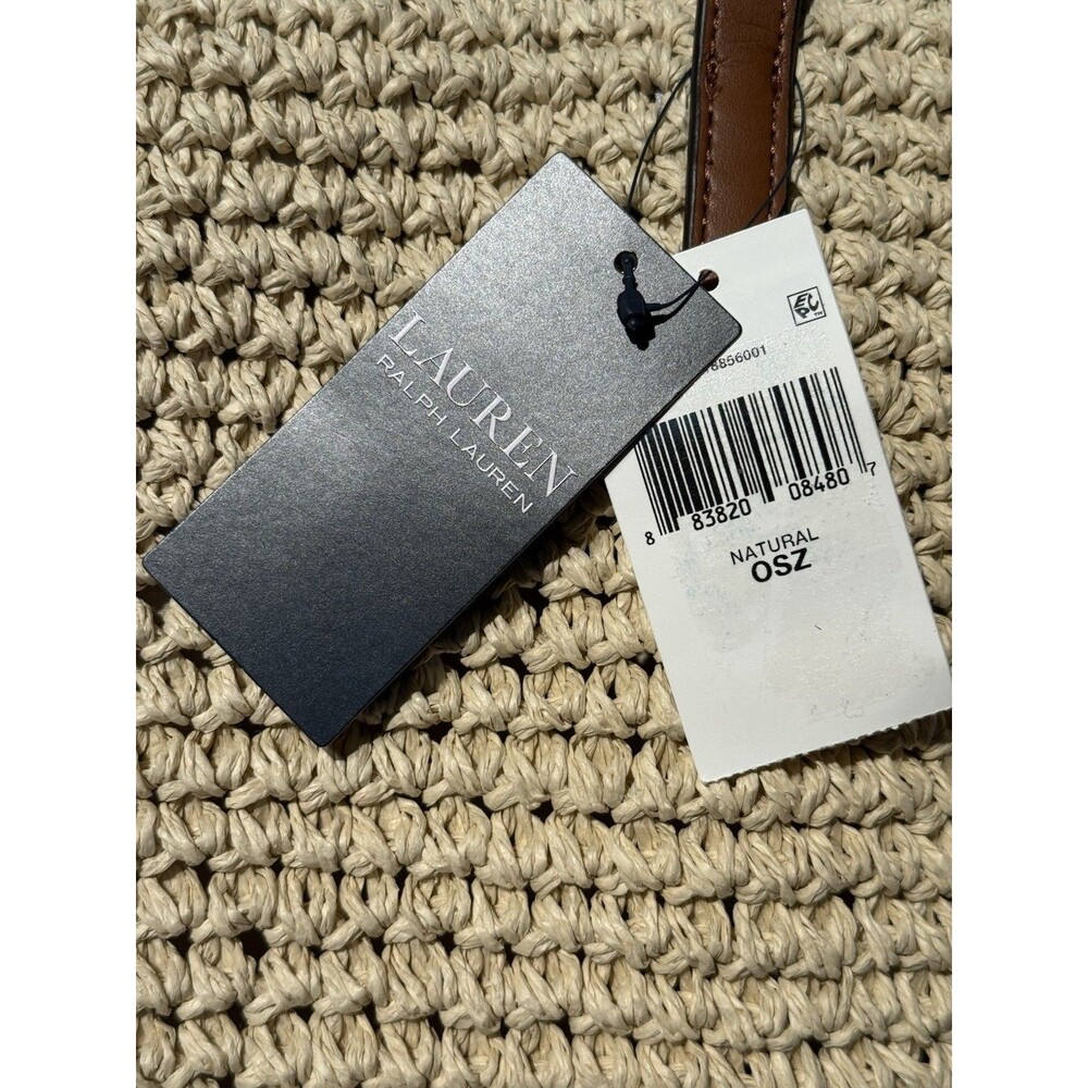 NWT Lauren RALPH LAUREN Crochet-Straw Medium Whitney Tote Natural/Lauren Tan - Picture 9 of 16